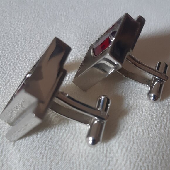 Vintage Red Marquise Cut Glass Cuff Links Silver Tone - Picture 2 of 8